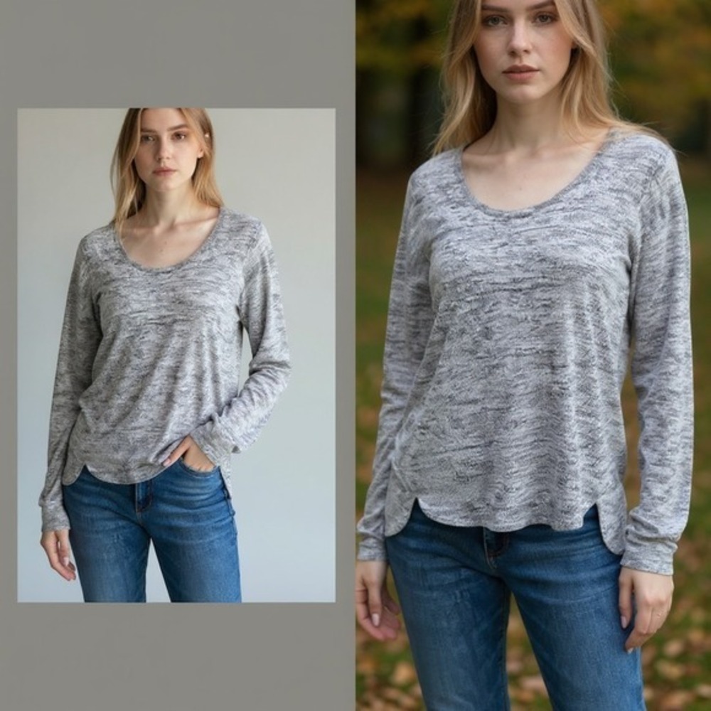 Garage Womens Grey Space Dye Knit Long Sleeve Scoop Neck High Low Top Large